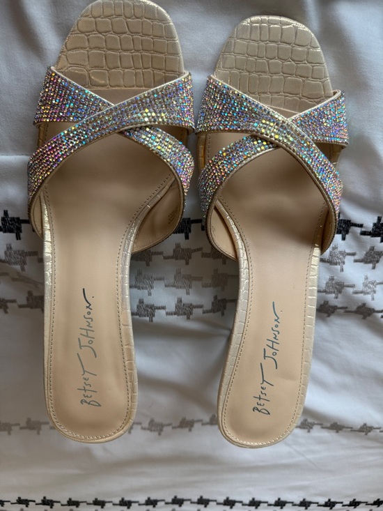 Betsey Johnson Shoes - Betsey Johnson Champagne Iridescent Crystal Crossover Mules
